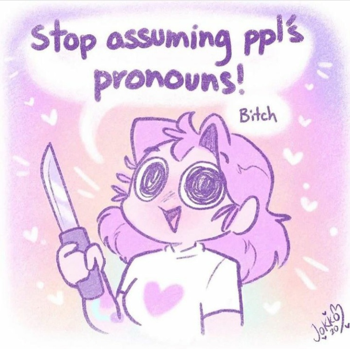 Illustration réalisée par Jokko en 2020 représentant une jeune femme tenant un couteau et portant un t-shirt avec un coeur. Texte (traduit) : "Arrêtez d'assumer les pronoms des gens ! Salope".