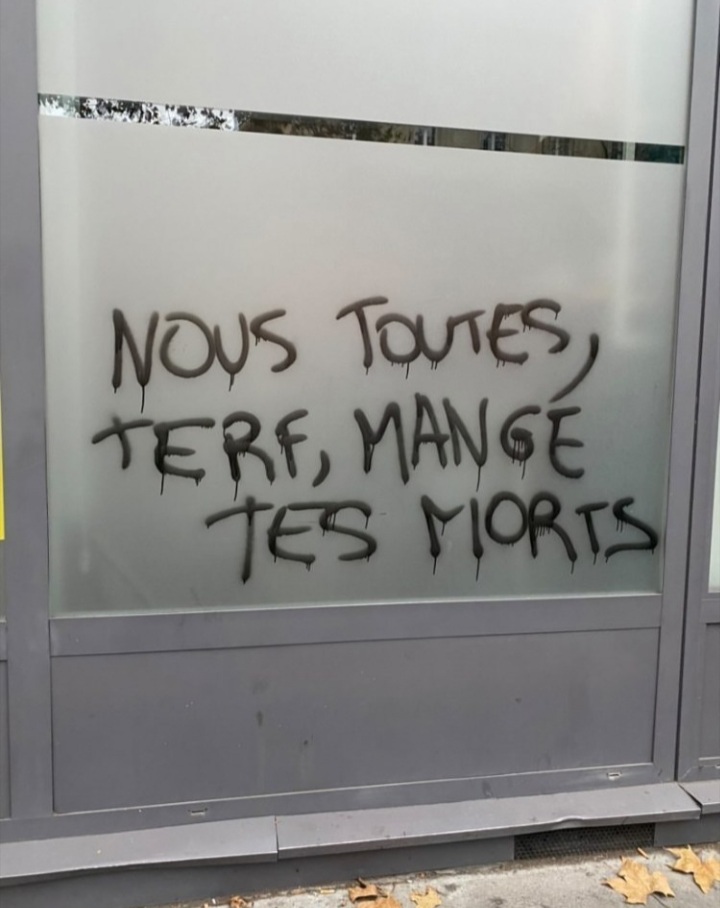 Une photographie d'un tag lors de la marche du 20 Novembre 2021. Texte : "Nous Toutes , TERF, mange tes morts"